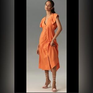 By Anthropologie Flutter Sleeve Linen Button Front Midi Dress Size Medium Petite